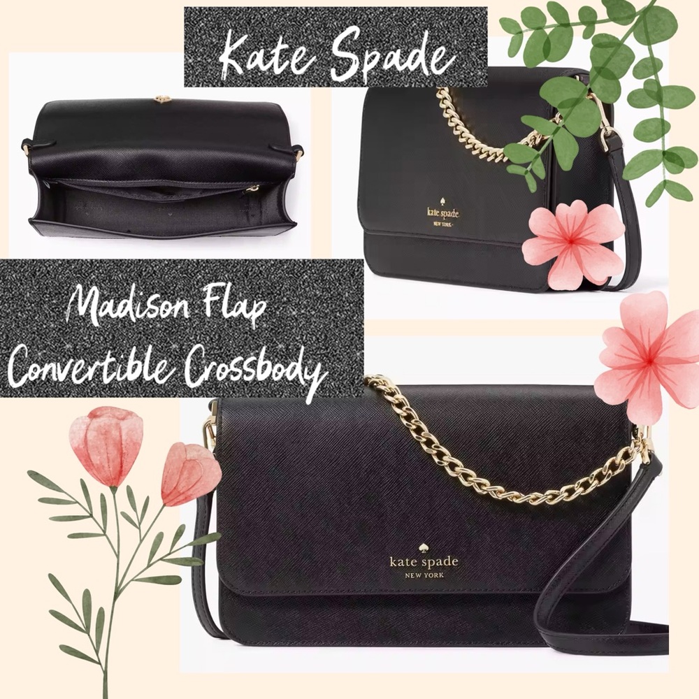Kate Spade Madison Flap Convertible Crossbody Black Leather New